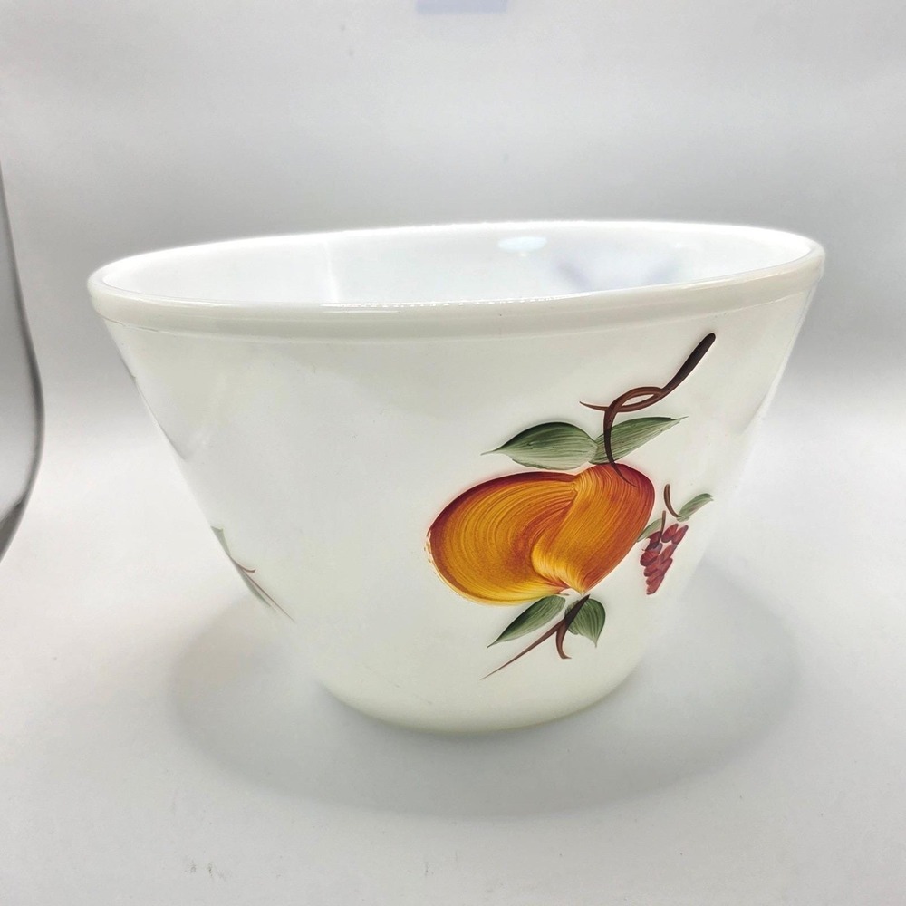 Vtg Fire-King Gay Fad Milk Glass Fruit Mixing Bowl Hand Painted Peach Grapes USA